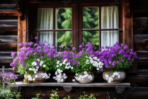 White and violet flowers covering window of wooden house