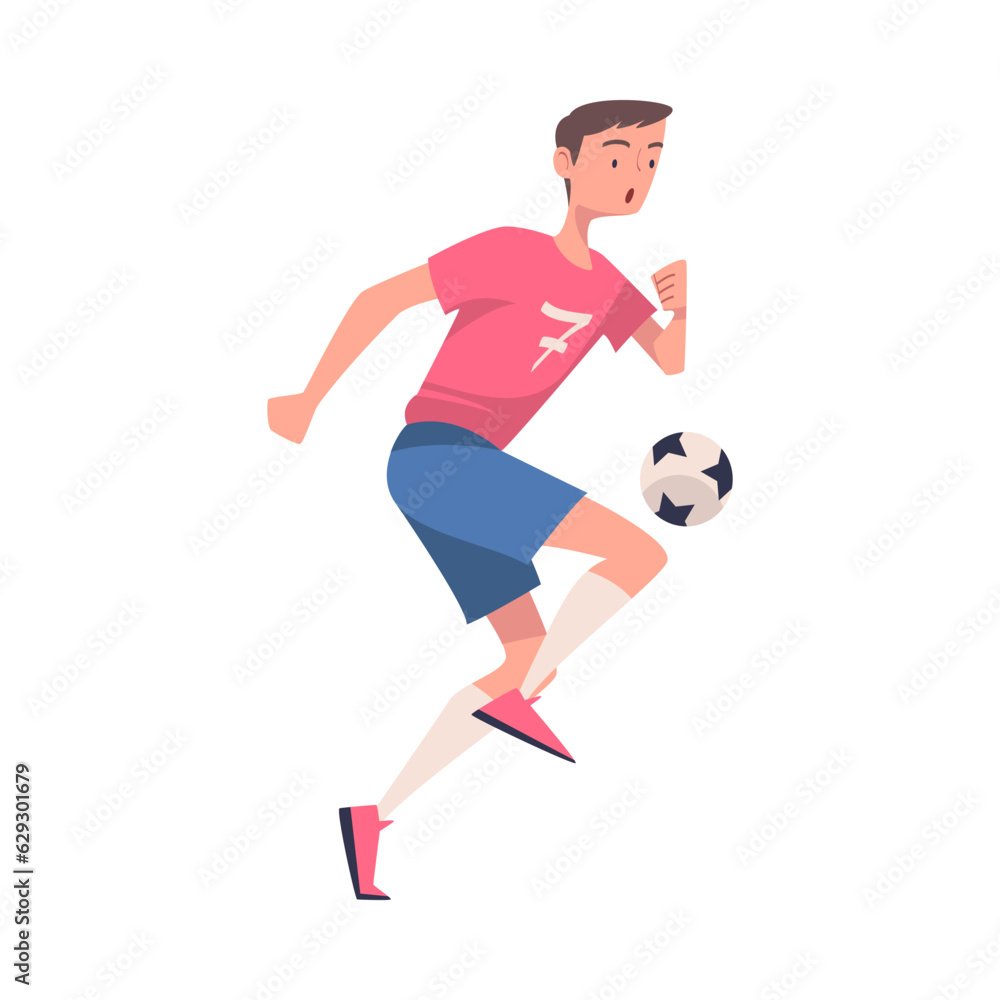 Man Footballer in Pink Jersey Playing Football Pass Ball Vector Illustration