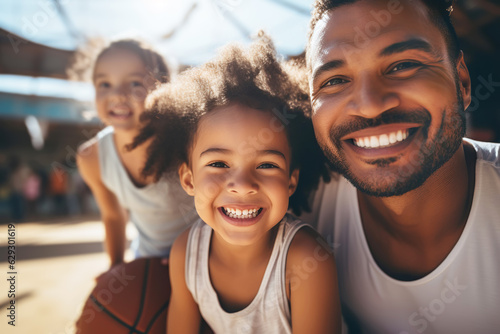 Happy multiracial father with his children outdoors on a sunny day. Joint family game leisure.  © colnihko