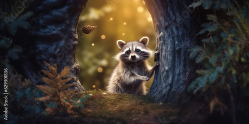 Adorable Raccoon in a Forest, Nestled in a Tree Hollow AI generated