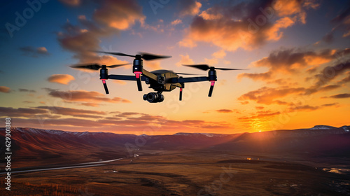 Drone in flight against a sunset sky, vivid colors