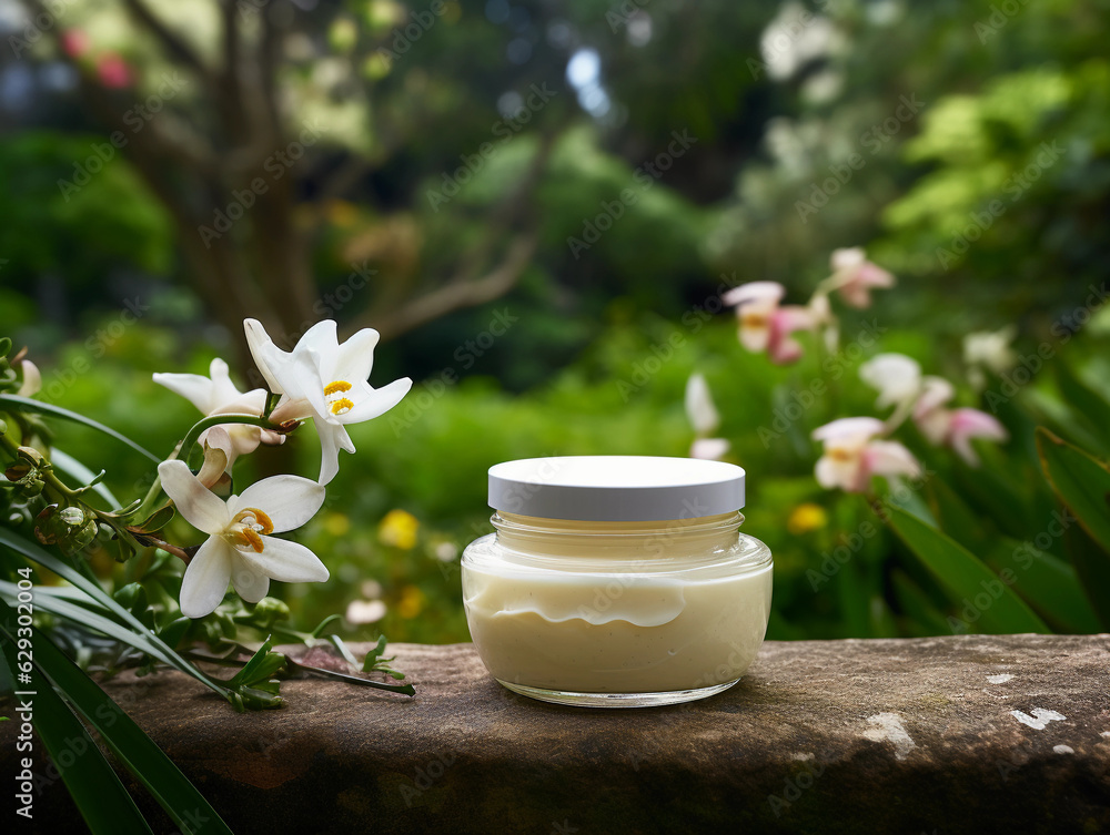 Open jar of organic cream against a lush garden background, capturing the essence of nature in skincare