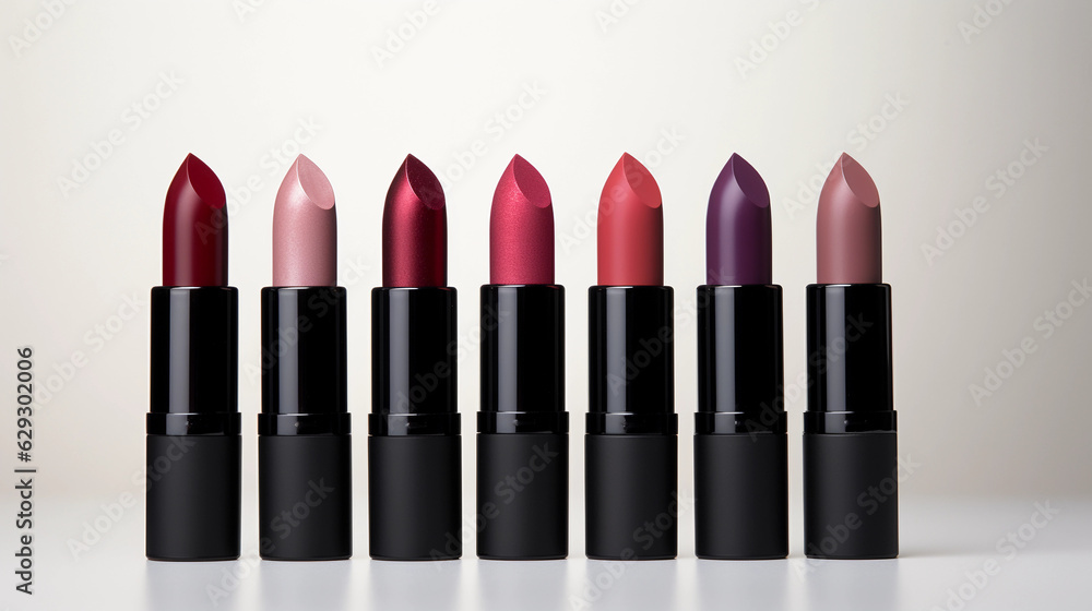 Organic lipstick range presented in a row against a white background, bold and vibrant shades, product focus Organic lipstick range presented in a row against a white background, bold and vibrant shades, product focus
