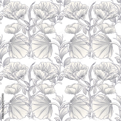 Tela Seamless pattern of interlacing poppy flower and leaves, made in shades of gray and with a dark blue stroke on a white background
