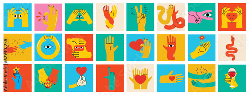 Groovy hippie set of colorful hands with different gestures. Hands with heart, eyes, together hands and etc. Hand drawn vector illustration.