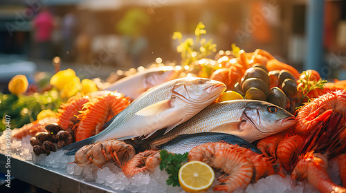 Local market with fresh farm products. Sea fish and seafood close-up on street counter photo