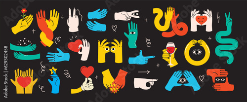 Groovy hippie set of colorful hands with different gestures. Hands with heart, eyes, together hands and etc. Hand drawn vector illustration.