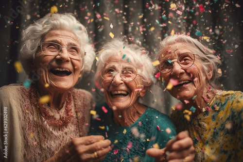 Happy laughing senior older people grandad grandpa grandma and falling confetti on teal blue background. Modern old friends with smile celebrating at party, silent disco, cyberspace.. Generative AI.