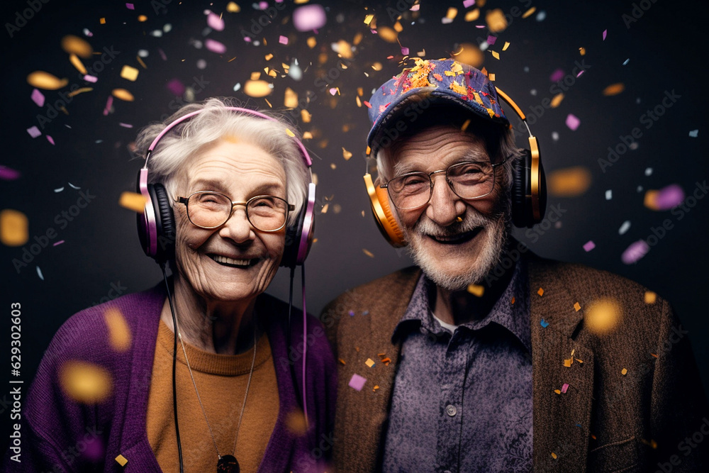 Happy laughing senior older people grandad grandpa grandma and falling confetti on teal blue background. Modern old friends with smile celebrating at party, silent disco, cyberspace.. Generative AI.