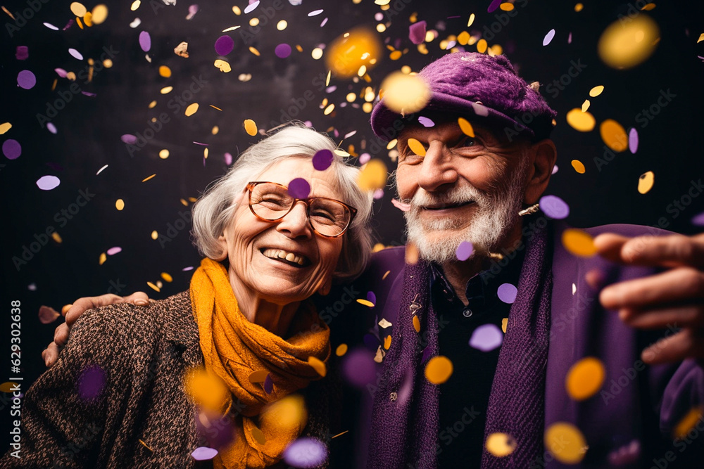 Happy laughing senior older people grandad grandpa grandma and falling confetti on teal blue background. Modern old friends with smile celebrating at party, silent disco, cyberspace.. Generative AI. Happy laughing senior older people grandad grandpa grandma and falling confetti on teal blue background. Modern old friends with smile celebrating at party, silent disco, cyberspace.. Generative AI.