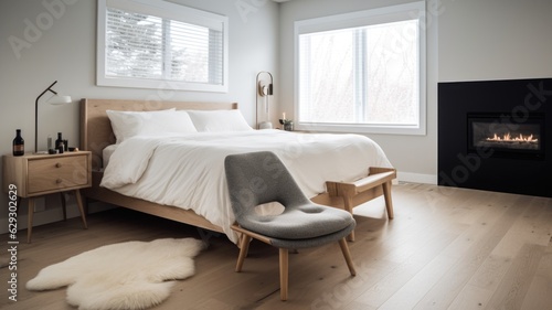 Bedroom decor, home interior design . Scandinavian Minimalist style with Fireplace decorated with Light Wood and White material . Generative AI AIG26. photo