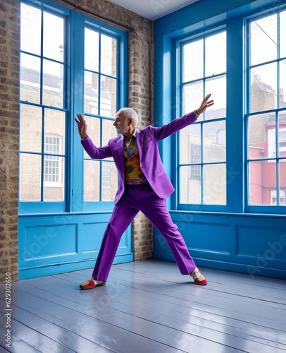 Grandfather dancing, celebrating on purple background. Senior man at a club party, celebrating life with infectious energy and ageless joy with falling confetti. Karaoke, silent disco. Generative AL. photo