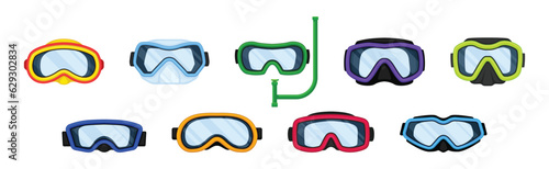 Watertight Diving Goggles and Snorkeling Tube for Swimming Underwater Vector Set