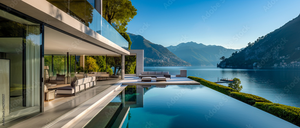 A luxury home with a beautiful view of Lake Como in Italy. Modern architecture with a large pool for a summer getaway vacation for relaxation