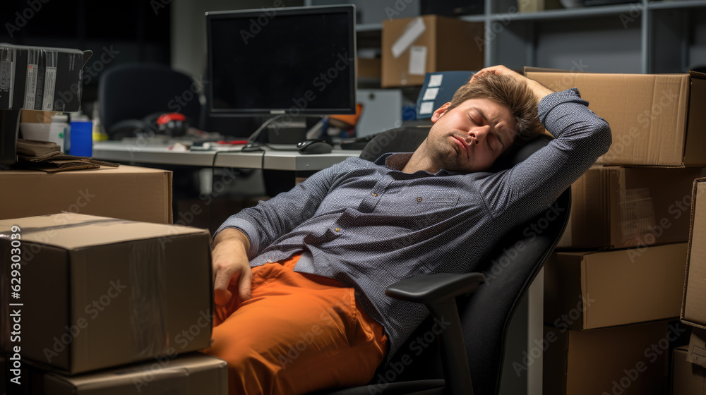 Man tired from work sleeps at his desk in the office.