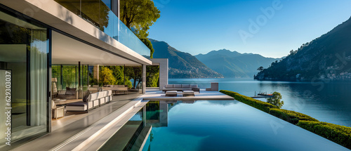 A luxury home with a beautiful view of Lake Como in Italy. Modern architecture with a large pool for a summer getaway vacation for relaxation