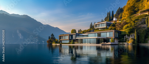 Beautiful waterfront luxury home with a scenic view of Lake Como in Italy. Modern architecture for a summer getaway vacation of relaxation