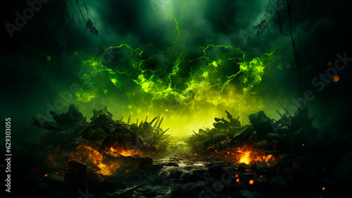 Radioactivity. Radioactive background. Green smoke and ruins. High quality illustration