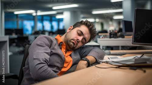 Man tired from work sleeps at his desk in the office.