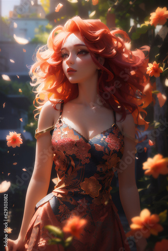 A beautiful and charming fantasy woman with flowers dress. Beautiful woman with orange hair in floral dress and background with flowers.