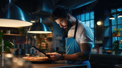 Man stands in the kitchen next to a ready-made pizza.