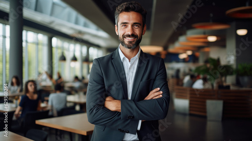 Serious and confident businessman stands in a suit against the backdrop of a modern office.