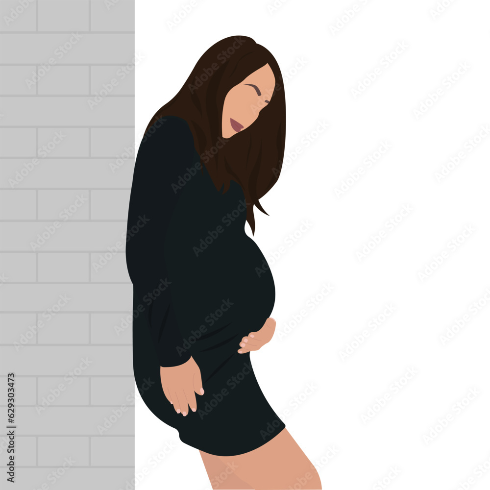 Fototapeta premium Young Pregnant Woman in Black Dress Stands Near Wall and Holding Belly. Flat Vector Illustration