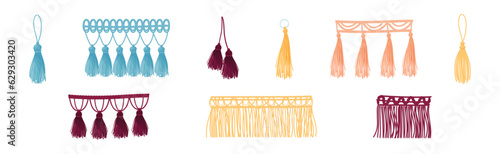 Tassel for Fabric and Clothing Decoration with Braided Cord and Yarn Skirt Vector Set