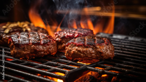 Steak is grilled on a fire grill.