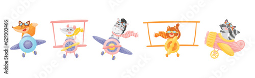 Cute Baby Animals Pilot Flying Plane Vector Set