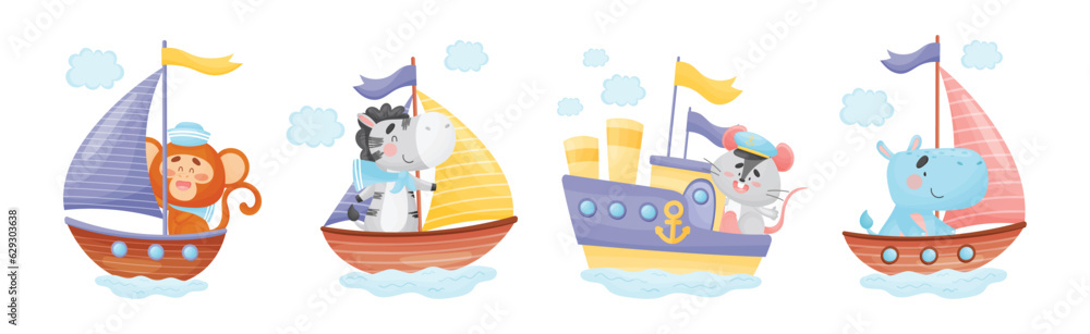 Naklejka premium Cute Animals in Sailor Hats Boating and Sailing Vector Set