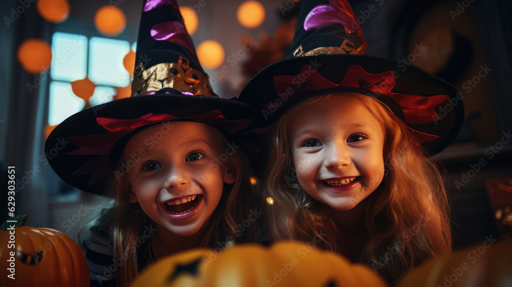 Group of child girls in witch costumes for Halloween with pumpkin lantern at home. Group of child girls in witch costumes for Halloween with pumpkin lantern at home.
