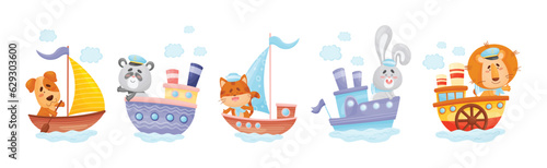 Cute Animals in Sailor Hats Boating and Sailing Vector Set