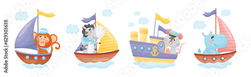 Cute Animals in Sailor Hats Boating and Sailing Vector Set