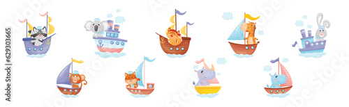 Canvas Print Cute Animals in Sailor Hats Boating and Sailing Vector Set