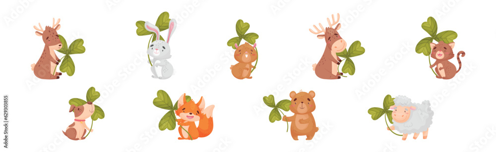 Cute Baby Animals with Three Leaf Clover Vector Set Cute Baby Animals with Three Leaf Clover Vector Set