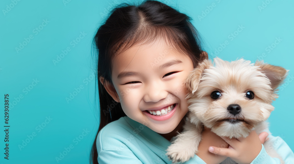 Little girl holds a dog puppy in his arms on blue background. Little girl holds a dog puppy in his arms on blue background.
