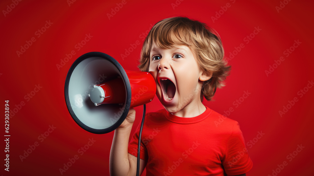 A child speaks into a loudspeaker isolated on red background. A child speaks into a loudspeaker isolated on red background.