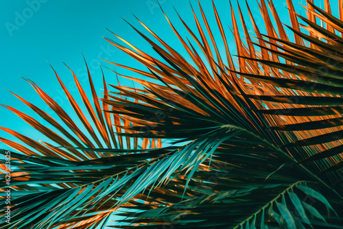 a close up of palm leaves on top of a blue sky #629303825