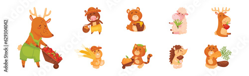Adorable Animals and Seasonal Harvesting or Ripe Crop Vector Set