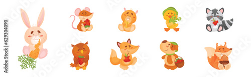 Adorable Animals and Seasonal Harvesting or Ripe Crop Vector Set © Happypictures