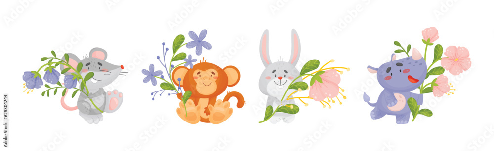 Cute Animals Holding Flower on Stalk with Their Paws Vector Set Cute Animals Holding Flower on Stalk with Their Paws Vector Set