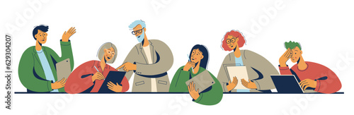 Teamwork in office. Corporate team or group of people working on laptop or computer on table