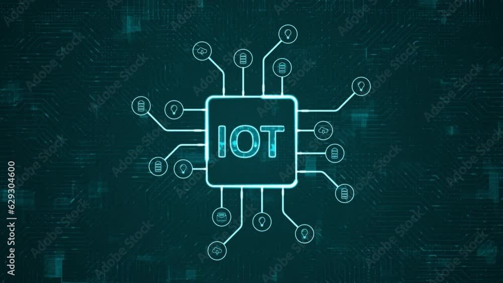 Motion graphic of Blue digital IOT logo and futuristic HUD technology circuit board with tech icon and data transfer on abstract background with internet of things concepts