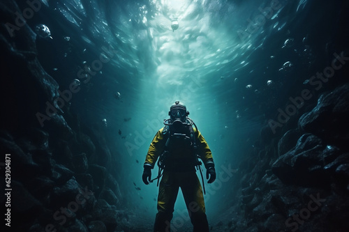 Fototapeta Scuba deep sea diver swimming in a deep ocean cavern
