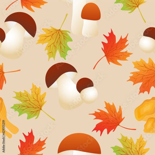 Autumn seamless pattern with maple leaves,ceps, chanterelle, orange boletus.