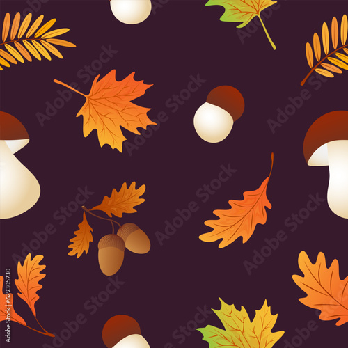 Autumn seamless pattern with maple leaves,acorns,oak leaves,rowan leaves,ceps.