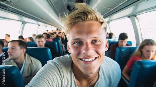 young adult man on airplane in economy class with many others in the plane, middle or in the middle, air travel arrival or departure or boarding © wetzkaz
