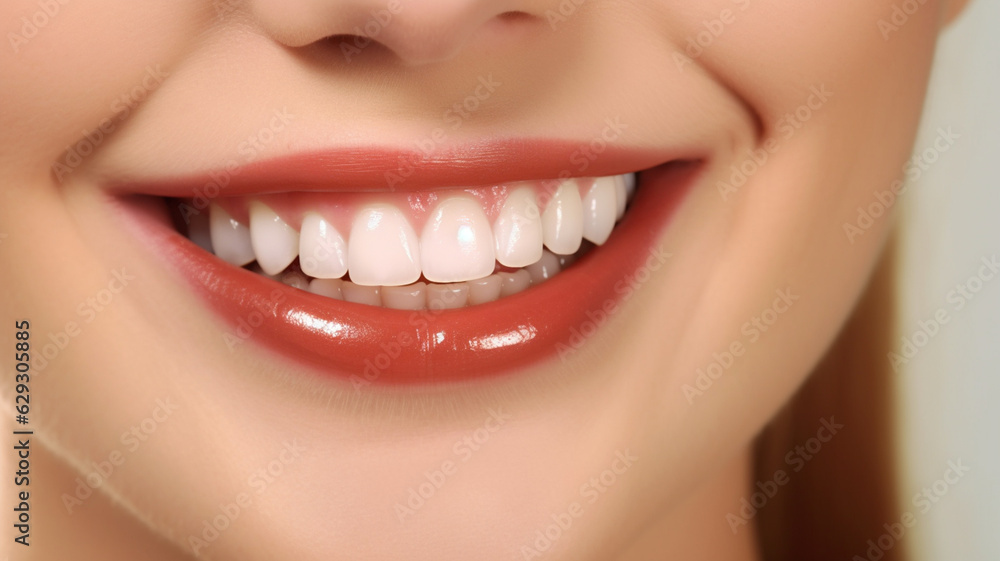 Obraz premium closeup mouth, white beautiful teeth and lips with red lipstick, mature adult woman, 30s, caucasian, light white skin tone
