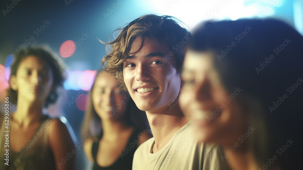 young teenager boy or young adult man, long hair, dark brown hair color, fun and joy, smiling slightly embarrassed, out with friends and other girls or young women young teenager boy or young adult man, long hair, dark brown hair color, fun and joy, smiling slightly embarrassed, out with friends and other girls or young women